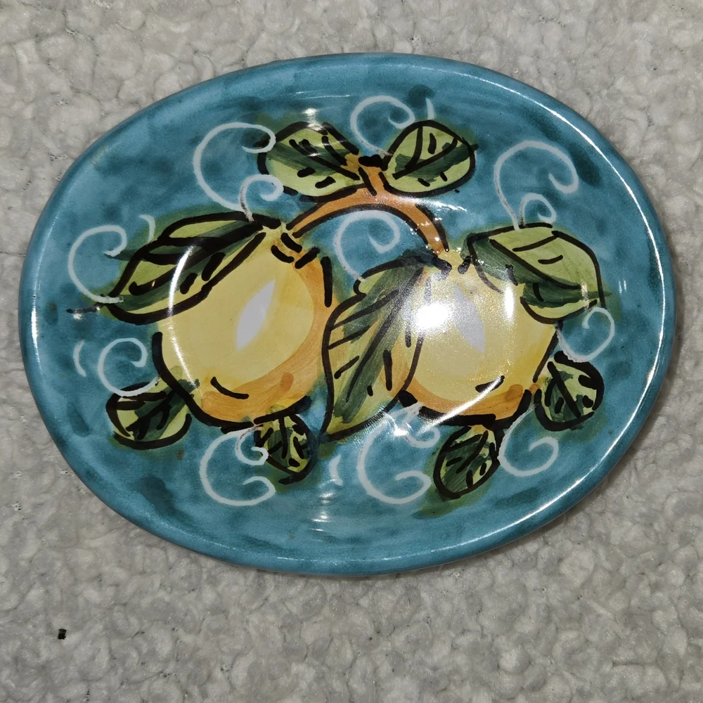 Vibrant Hand Painted Italian Ceramic Lemon Small Bowl Platter - Teal and Yellow